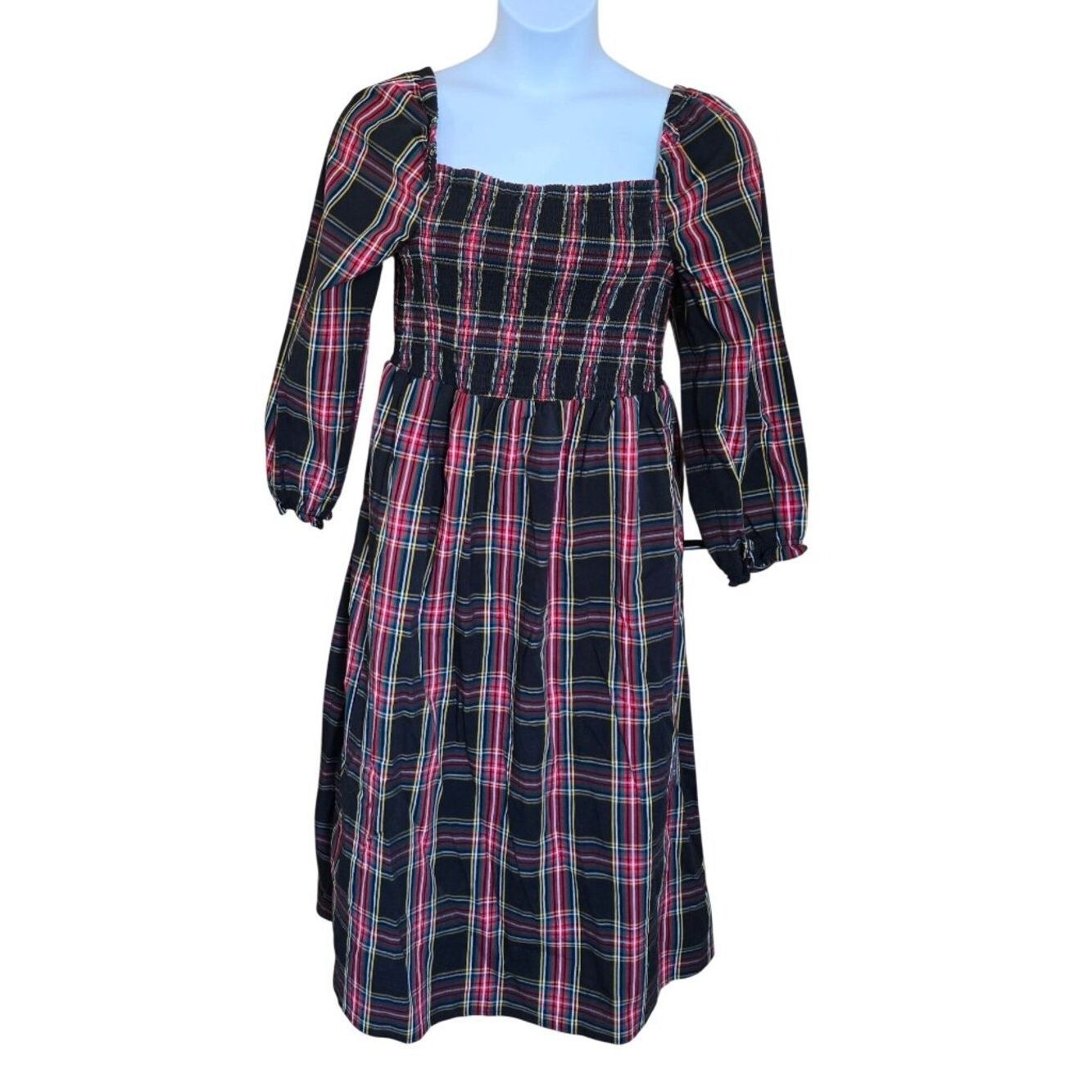 Plaid Smocked Midi Dress Long Sleeves Stylish Peasant Boho Cottagecore